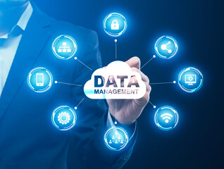 Poster - Businessman Choosing Data Management Storage Cloud On Virtual Screen With Business Infographic