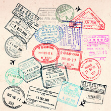 Passport Visas Stamps On Sepia Textured, Vintage Travel Collage Background
