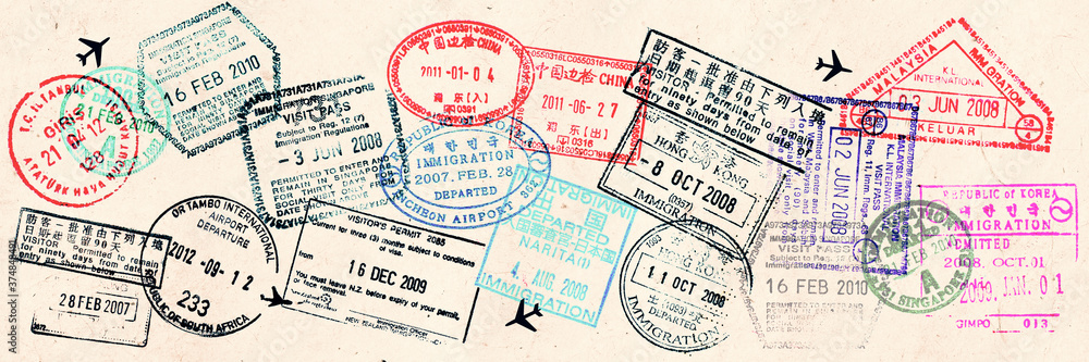 Passport visas stamps on sepia textured, vintage travel collage background - obrazy, fototapety, plakaty 