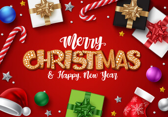 Wall Mural - Christmas in red background vector design. Merry christmas gingerbread text with colorful decor element with empty space for xmas greeting messages card and celebration. Vector illustration     