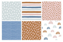 Set Of Hand Drawn Vector Abstract Doodle Patterns. Seamless Geometric Backgrounds. Ink Doodles. Rainbow, Stripes, Dots, Rain Drops, Brush Strokes. 