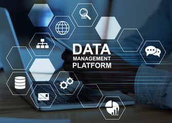 Poster - Data Management Platform. Collage With Office Employee And Cells With Multimedia Icons