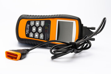 Car Fault Code Reader with OBD2 plug on white background