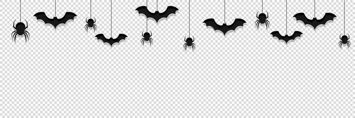 halloween background transparent vector. hanging black spider, bat, insect, pattern october isolated illustration.