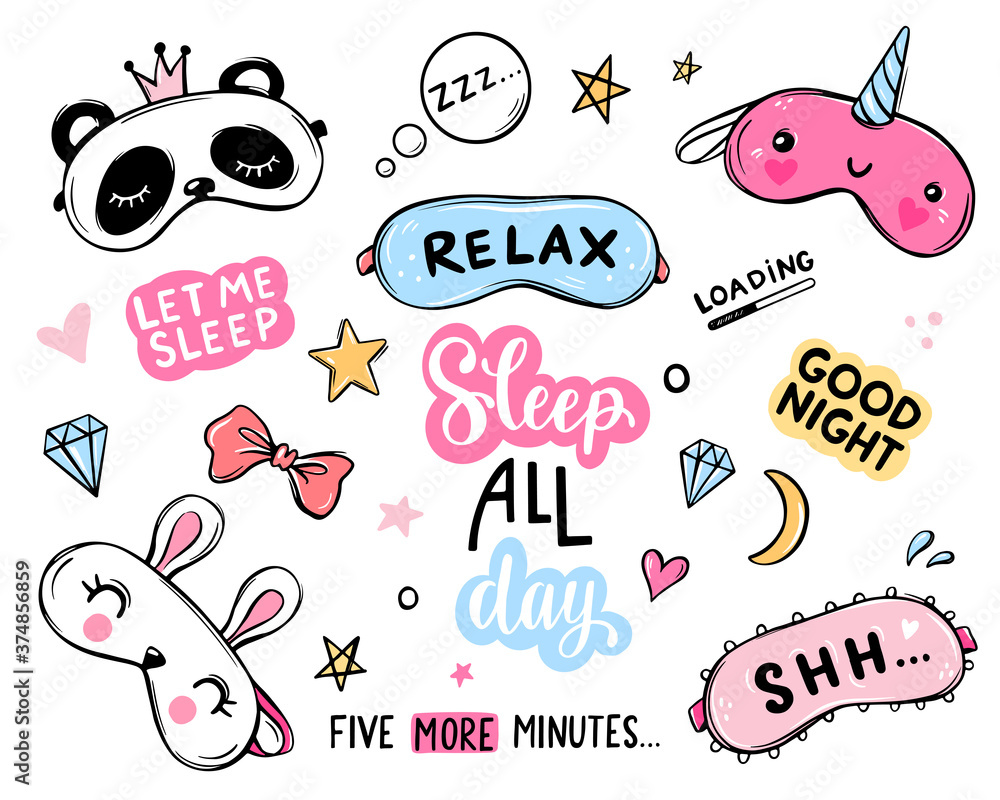 Sleep Mask Text Sleep masks and quotes vector set. Lettering phrases good night, sweet ...