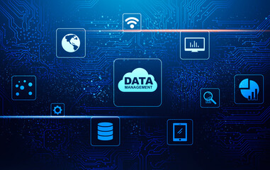 Poster - Creative Illustration For Data Management Concept With Storage Cloud And Different Icons
