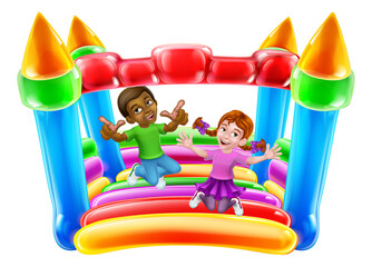 Wall Mural - Children jumping and bouncing on a kids bouncy inflatable castle house