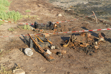 Wall Mural - World war 2 weapons and ammunition found at sea. Old rusty shotgun and cartridges.