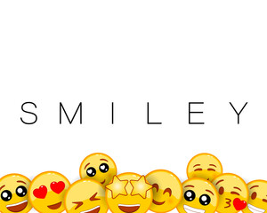 Smiley background design with yellow emoticons of funny and happy facial expressions. Empty blank space for text. Set of emoji. Vector on isolated white background. EPS 10