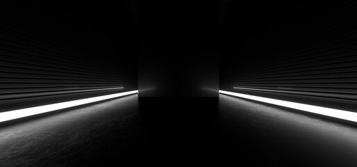 Dark hall with bright white neon lights on a black background. 3d rendering image.
