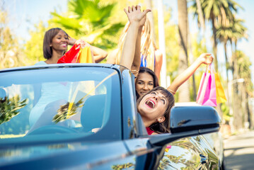 Wall Mural - Women having fun while driving in Beverly hills