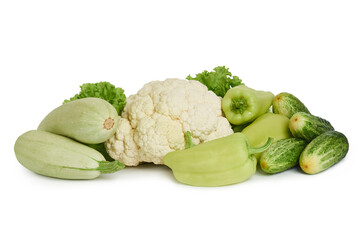 Wall Mural - bunch fresh green vegetables isolated on white background.