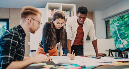 Wall Mural - Focused colleagues working with draft in workspace