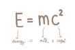 comic hand-drawn illustration - explanation of the formula of Einstein - energy is milk multiply by squared coffee