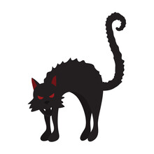Scary Black Cat With Red Eyes And Ruffled Fur Cartoon Illustration