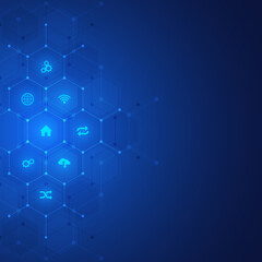 Poster - Technology background with flat icons and symbols. Concept and idea for internet of things, communication, network, innovation technology, system integration. Vector illustration.