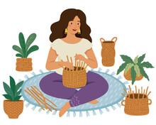Woman Weaving DIY Baskets On The Ground With Handmade Wicker Baskets And Plants Around Her
