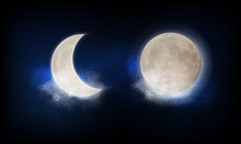 Full Moon And New Moon Crescent Over A Patch Of Cloudy Twilight Blue Sky Lit By The Glow Of The Moonlight, Colored Vector Illustration