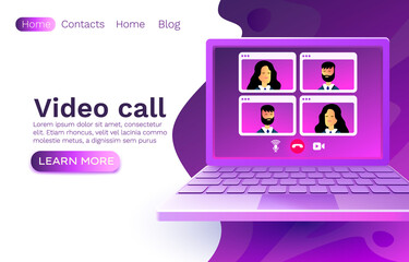 Wall Mural - Video call laptop chat, concept people talk, web banner app. Vector