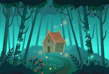 Old Mystic Witch Hut In The Forest. Cartoon Vector Illustration.