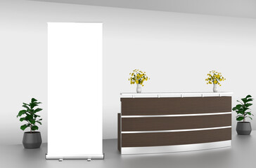 Wall Mural - roll up banner stand mockup in the reception. 3d rendering.