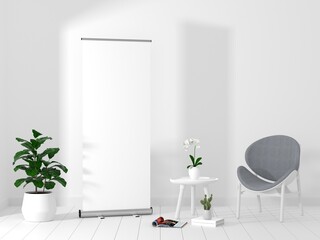 Wall Mural - roll up banner stand mockup in living room. 3d rendering.
