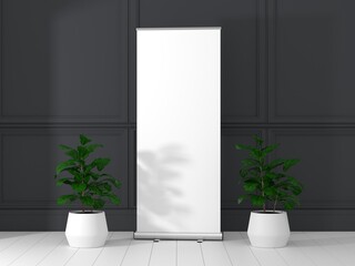 Wall Mural - roll up banner stand mockup in living room. 3d rendering.
