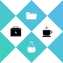 Sticker - Set Car battery, Test tube and flask, Folder and Coffee cup icon. Vector.