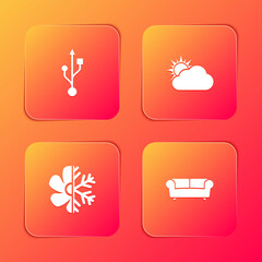 Sticker - Set USB, Sun and cloud weather, Air conditioner and Sofa icon. Vector.