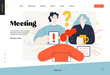 Business topics -meeting, web template, header. Flat style modern outlined vector concept illustration. People discussing a project. Tablet, question and exclamation marks, FAQ. Business metaphor