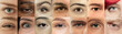 Set, collage of different types of male and female eyes. Concept of beauty, mental health, ophtalmology, cosmetology, cosmetics. Beautiful close up eyes of 11 people with different colors and emotions