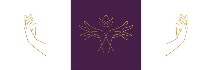 Wall Mural - vector line feminine decoration design elements set - flower and female gesture hands illustrations 