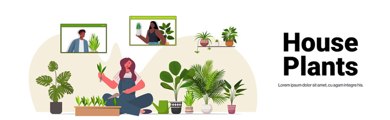 Wall Mural - woman planting houseplants in pot housewife caring of her plants living room interior full length horizontal copy space vector illustration