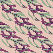 Purple And Green Colored Monstera Silhouettes Seamless Pattern. Light Pink Background.