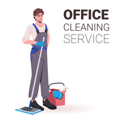 male professional office cleaner man janitor in uniform with cleaning equipment full length copy space vector illustration