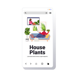 Poster - woman taking care of houseplants housewife discussing with friend in web browser window during video call smartphone screen full length copy space vector illustration