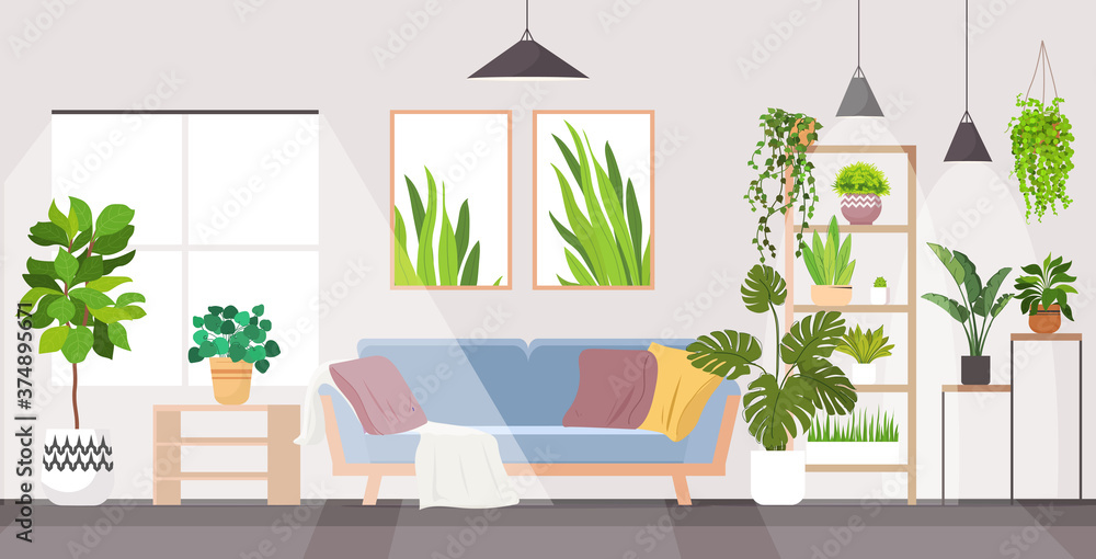 modern living room interior home apartment with houseplants horizontal vector illustration - obrazy, fototapety, plakaty 