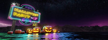Pumpkins And Billboard With Shiny Neon Lamps Under The Night Stars. Happy Halloween Greeting Card. 3d Rendering