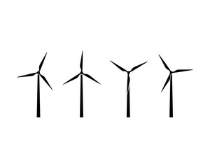 Silhouettes of wind turbines icon set. Wind farm energy sign. Green electricity. Offshore. Vector on isolated white background. EPS 10