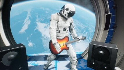 Wall Mural - An astronaut on his spaceship plays space music on an electric guitar. Looping animation for fantasy, science fiction, or space backgrounds.