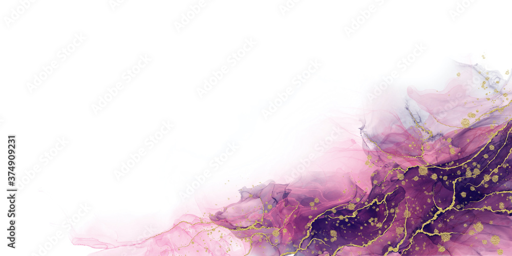 Abstract liquid fluid art painting background alcohol ink technique purple and gold with text space for banner, background in luxury style. - obrazy, fototapety, plakaty 