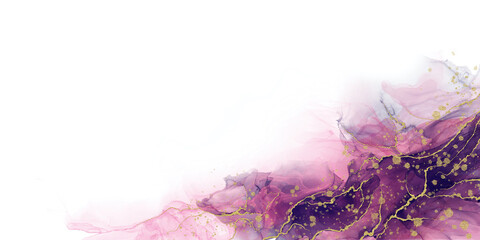 abstract liquid fluid art painting background alcohol ink technique purple and gold with text space 