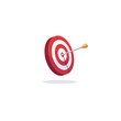 Archery target and arrows. Goal achievement and accuracy concept. Arrow target illustration. White background with shadow. Red and white target with shadow and arrow.