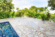 An Open And Empty Terrace Of Beige Natural Stone Next To A Blue Pool Surrounded By Green Plants From The Rainforest.