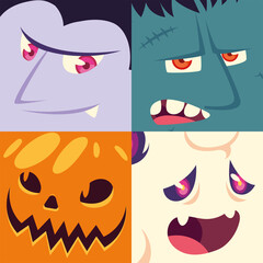 Poster - set of icons halloween with heads vampire, frankenstein, werewolf, pumpkin