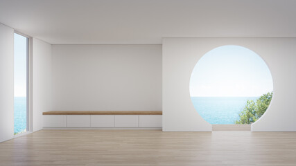 Cabinet on wooden floor of empty large living room in modern new house or luxury hotel. Minimal home interior 3d rendering with beach and sea view.