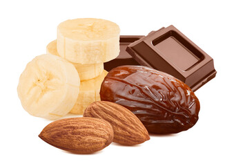 Wall Mural - banana slices, dates, almonds and chocolate isolated on white background