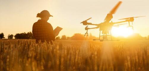 Fototapete - Farmer controls drone sprayer with a digital tablet