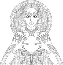 Beautiful Witch Or Fortune Teller Holding Crystal Ball, Halloween Theme For Design Element And Coloring Pages. Vector Illustration