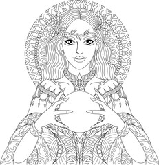 Beautiful witch or fortune teller holding crystal ball, Halloween theme for design element and coloring pages. Vector illustration